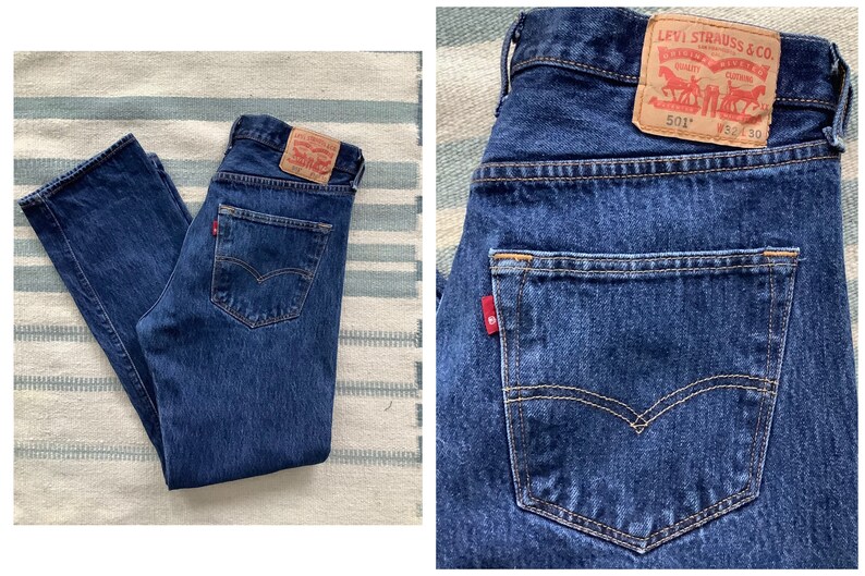 1980s Vintage 32\u201d x 30\u201d Levi\u2019s 501 Red Tab Button Fly Straight Leg Medium Wash Cotton Denim Jeans