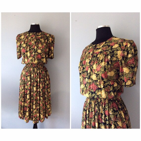 1980s Vintage Fall Florals Rayon Dress