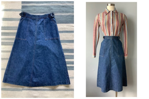 1970s Vintage Blue Jean Cotton Denim Wrap Skirt