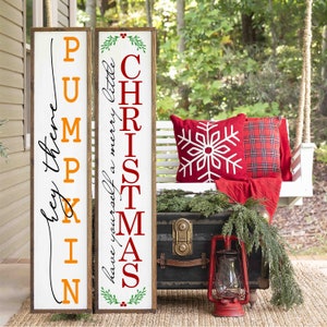 Double Sided Fall & Christmas Porch Sign | Reversible Wood Porch Sign | Holiday Porch Leaner | Wooden Porch Sign | Weatherproof Porch Sign