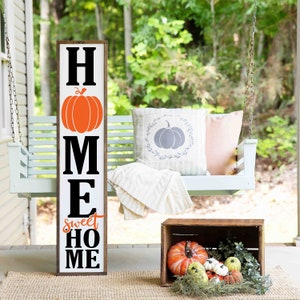 Home Sweet Home Pumpkin Wood Porch Sign | Porch Signs for Fall | Pumpkin Porch Sign | Outdoor Fall Porch Leaner | Weatherproof Signs |