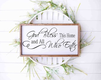 God Bless this Home and All Who Enter | Farmhouse Religious Wood Sign | Biblical Wooden Signs | Religious Home Decor | Religious Gifts |