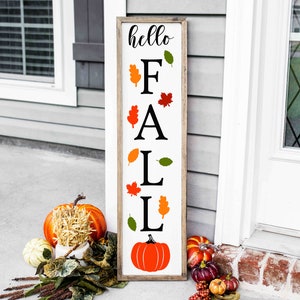 Hello Fall Wood Porch Sign | Framed Porch Sign | Welcome Sign for Porch | Fall Porch Leaner | Pumpkin Porch Sign | Welcome Signs for Door |