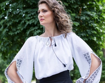 Traditional Romanian Blouse with Slit Sleeve