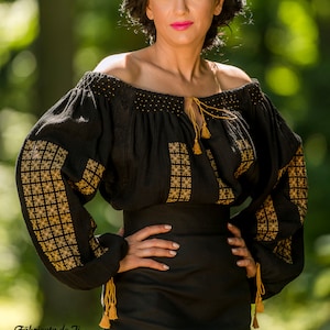 FREE SHIPPING Traditional Black Romanian Blouse with Embroidery
