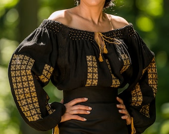 FREE SHIPPING Traditional Black Romanian Blouse with Embroidery