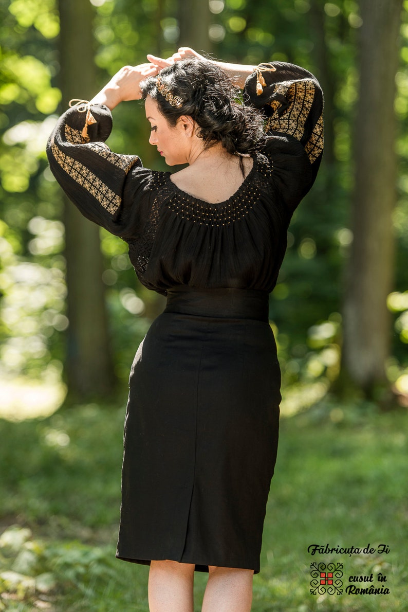 FREE SHIPPING Traditional Black Romanian Blouse with Embroidery image 2