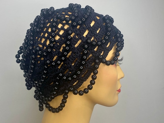 Vintage Black Pearl Beaded Crochet Flapper Skull c