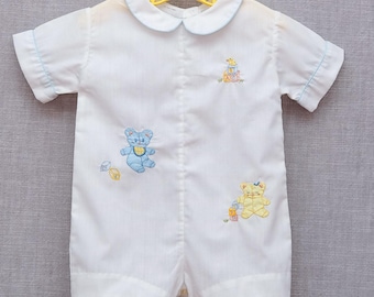 6 Months: Vintage Romper Baby Outfit, Teddy Bear Appliqué, Pete Pan Collar, Heirloom Style, by Imperial Portugal