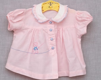 3-6 months: Vintage Pink Embroidered Baby Top, Circus Bear on a Tightrope Design, Ruffled Collar, Blue Buttons, by Best & Co.