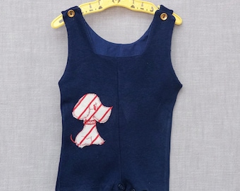 6 months: Vintage Baby Romper with Appliquéd Snoopy Dog, Navy Blue Cotton, Gold Shoulder Buttons