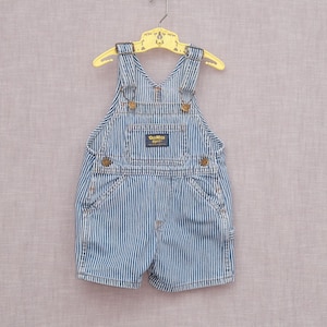 12 Months: Vintage Oshkosh B'Gosh Classic Blue Striped Short Overalls, Baby Romper, Pockets