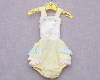 3-6 Months: Vintage Pastel Rainbow Ruffled Sunsuit, Summer Baby Romper, by Toddle Tyke