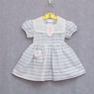 2T: Vintage Floral Striped Nylon dress, Lace Collar with Button Accents, Skirt Pocket