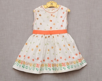 Girls 2T: Vintage Rose and Heart Floral Border Print Cotton Girl's Dress, Orange accents