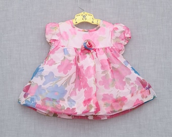 3-6 Months: Vintage Pink Sheer Floral Baby Dress, Fabric Rose Detail, Puff Sleeves, by Bryan