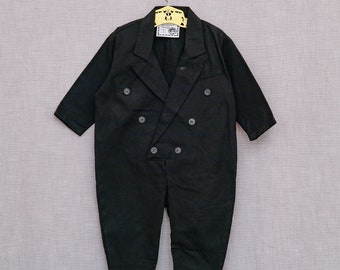 12 months: Vintage Black Romper Suit with Plaid BowTie, Pageant or Special Occasion Outfit by Monkey Wear, Made in USA