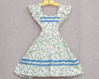 3T: Vintage Floral Print Flutter Sleeve Pinafore Sundress, Summer Girl's Dress, Cotton Fabric with Blue Trim