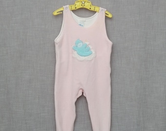 6 months: Vintage Pink Velour Baby Footed Romper with Baby on a Cloud Appliqué, Vintage Baby Girl Outfit, by Chicco