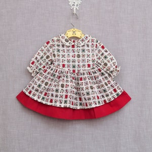 6-12 Months: Vintage Baby Girl&#39;s Dress, Colonial Tobacco Print, Double Layered Skirt, Collar, by Young Life