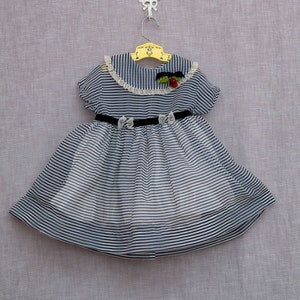 3T: Vintage Blue Striped Sheer Nylon party dress, Lace Trimmed Collar, Cherry Pin, Velvet Sash, by Love