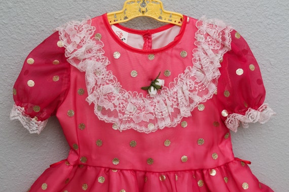 Girls 5: Vintage Pink Polka Dot Party Dress, Meta… - image 5