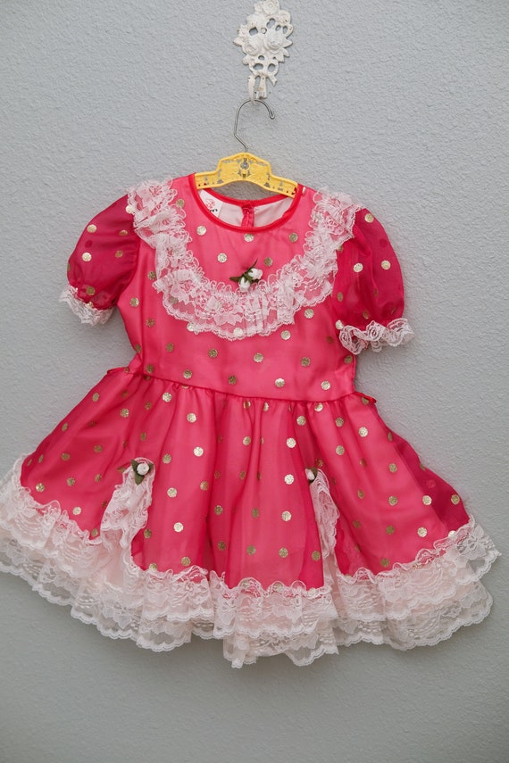 Girls 5: Vintage Pink Polka Dot Party Dress, Meta… - image 3