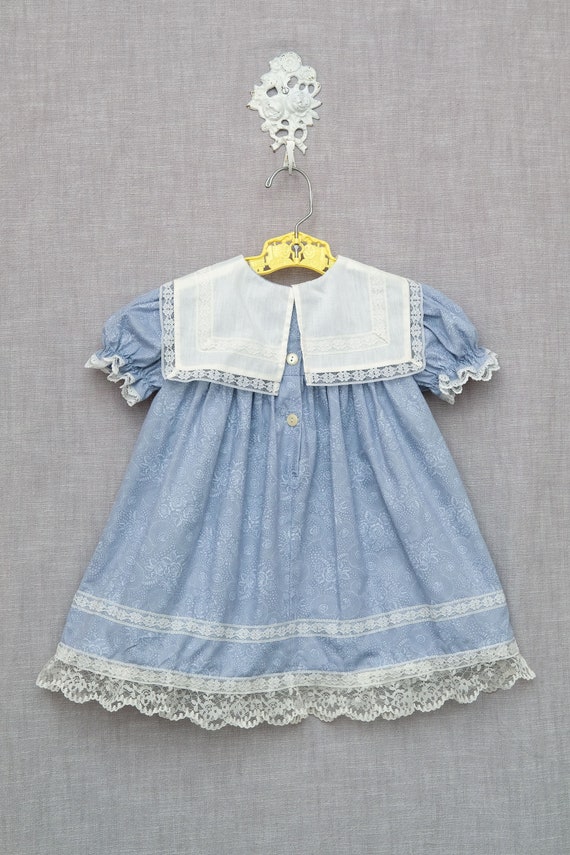 2T: Vintage Blue Floral Print Dress, Lace Trimmed… - image 6