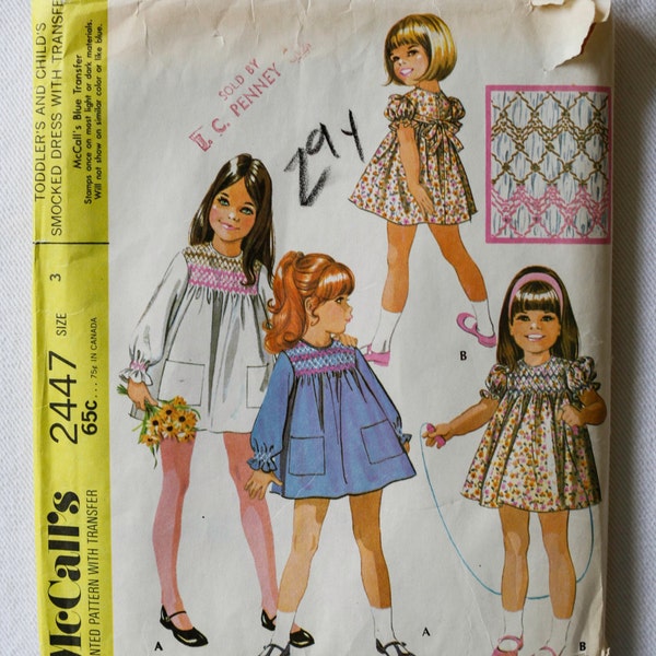 Girls 3: McCalls 2447, Circa 1970 Girl's Smocked Dress Pattern, Size 3, Printed Pattern with Transfer