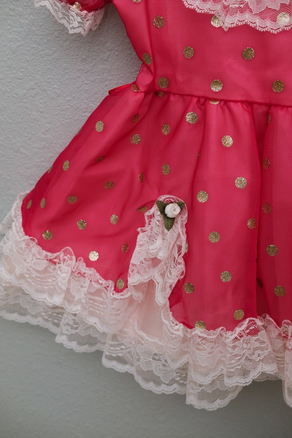 Girls 5: Vintage Pink Polka Dot Party Dress, Meta… - image 4