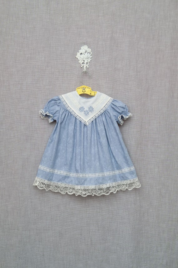 2T: Vintage Blue Floral Print Dress, Lace Trimmed 
