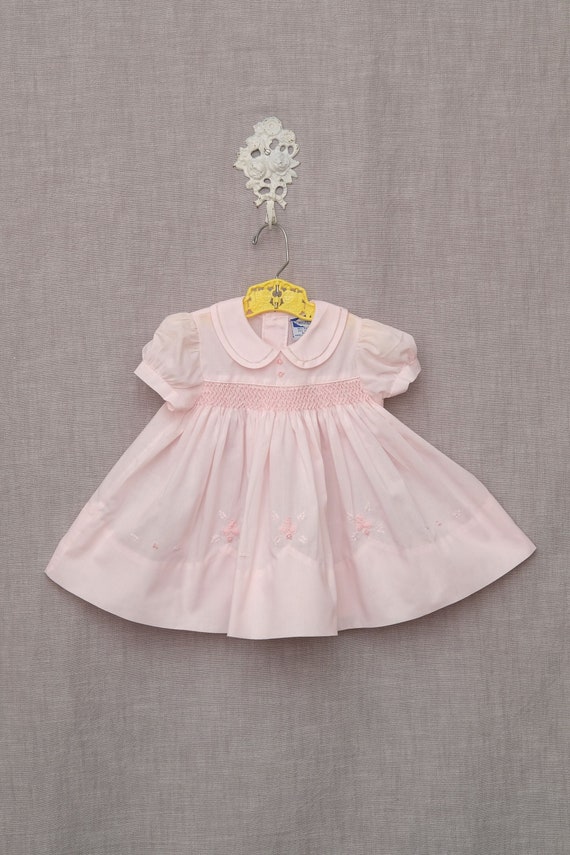 6 months: Vintage Pink Smocked Baby Dress with Fl… - image 1