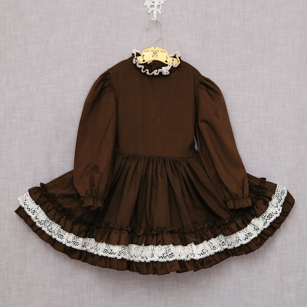 Girl's 5: Vintage Ruffled Party Dress, Brown, Long Sleeved, Ruffled Lace Trim, Heart Buttons, Full Circle Skirt, Bell, Martha's Miniatures