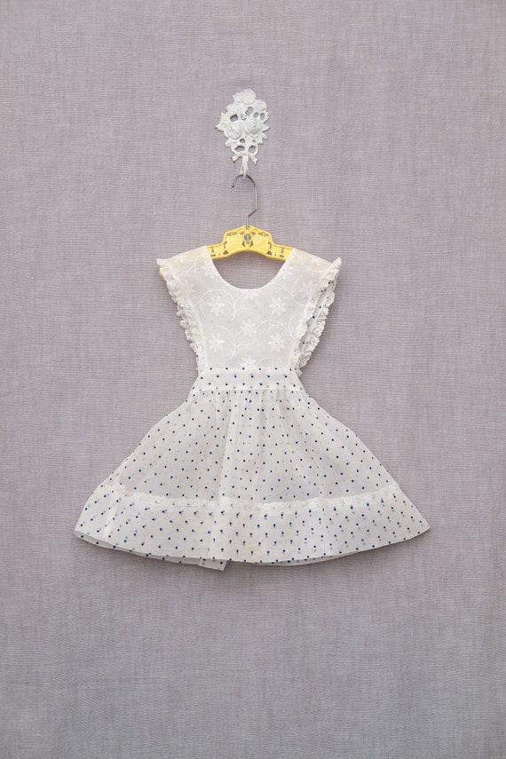 2T: Vintage Flocked Dot Pinafore with Floral Lace 