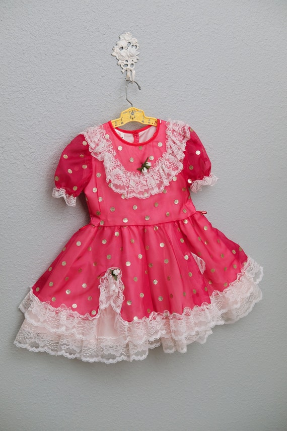 Girls 5: Vintage Pink Polka Dot Party Dress, Metallic Gold Dots, Lace Trim, Double Layered Skirt, Flower Details, by Popaye's
