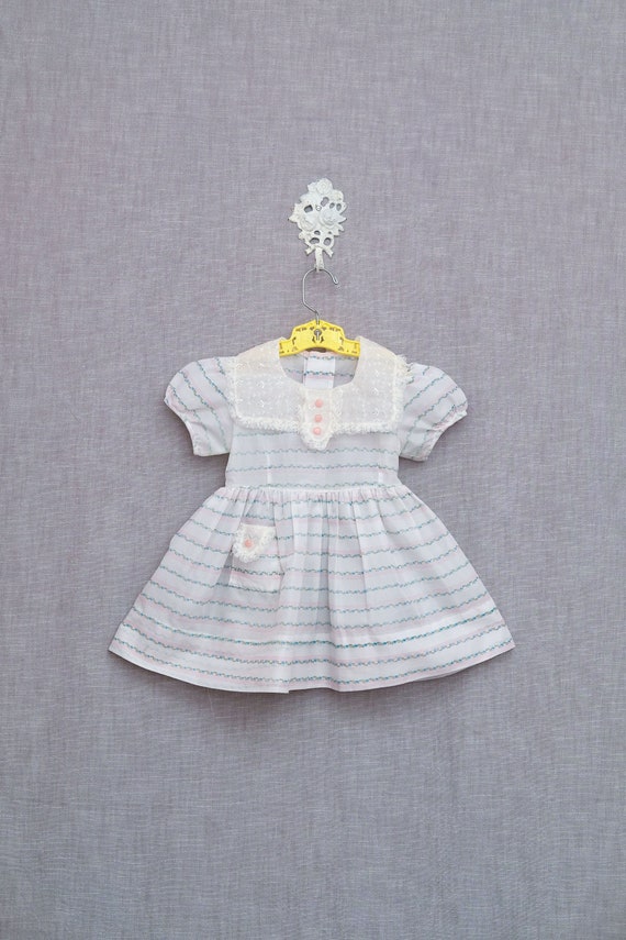 2T: Vintage Floral Striped Nylon dress, Lace Colla