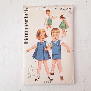 Size 2: Vintage Butterick 3025 Toddler&#39;s Brother and Sister Coordinates, Pleated Dress, Peter Pan Collar Shirt, Suspender Shorts, Vest, 60s