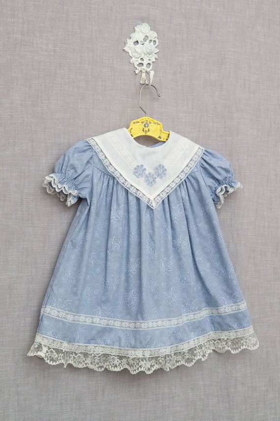 2T: Vintage Blue Floral Print Dress, Lace Trimmed… - image 5