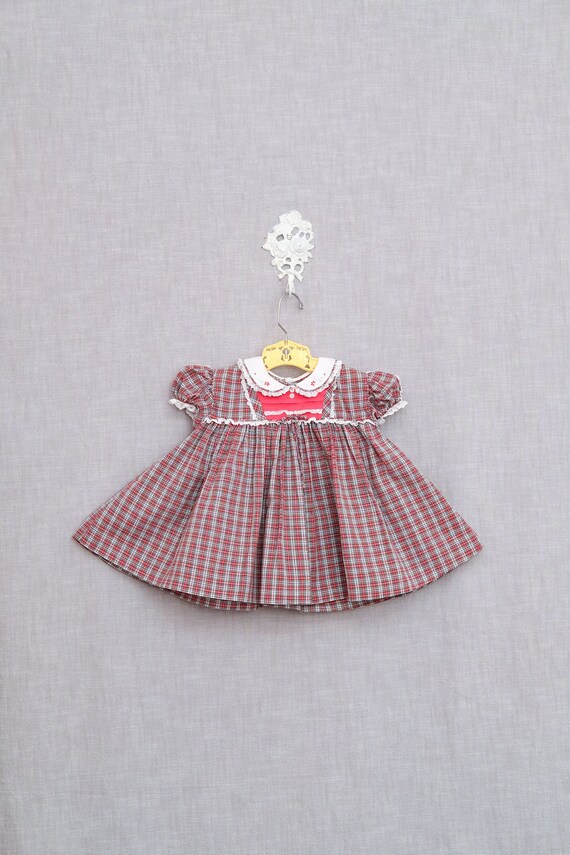 6-12 months: Vintage Plaid Baby Dress, Lace And Bu