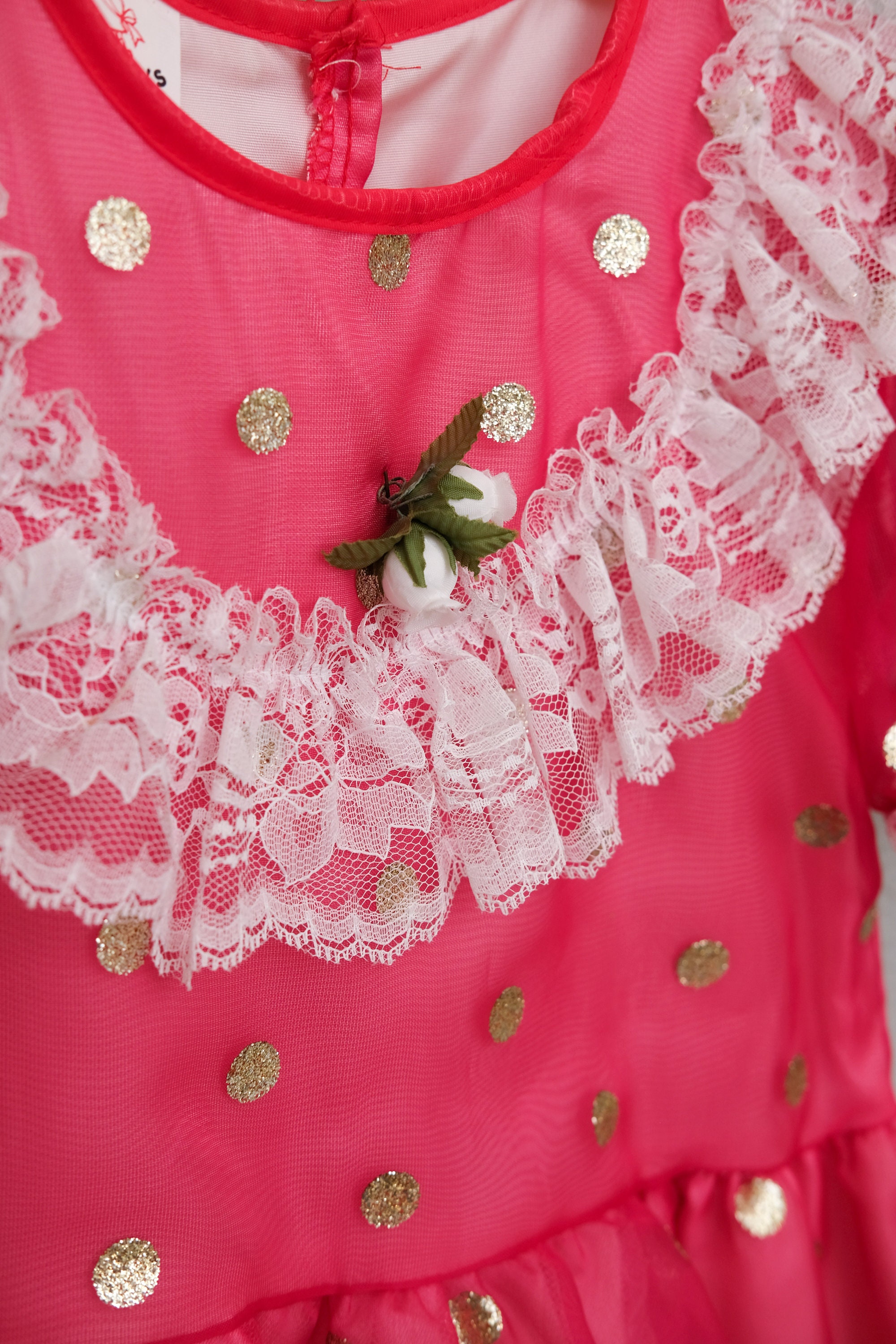 Girls 5: Vintage Pink Polka Dot Party Dress, Metallic Gold Dots, Lace Trim, Double Layered Skirt, Flower Details, by Popaye's