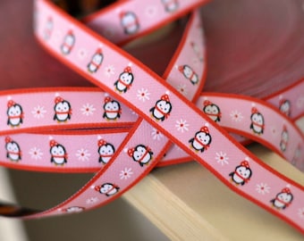 Woven Ribbon - Christmas Penguin - Pink