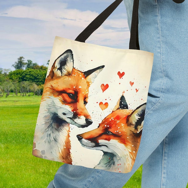 Sac fourre-tout en toile renards aquarelle - cadeau de Saint-Valentin bohème chic et amateur de renard - sac de plage d'été mignon et artistique