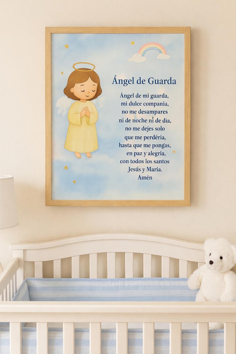 Guardian Angel Prayer Print – Spanish Watercolor Nursery Art (Digital Download) image 1
