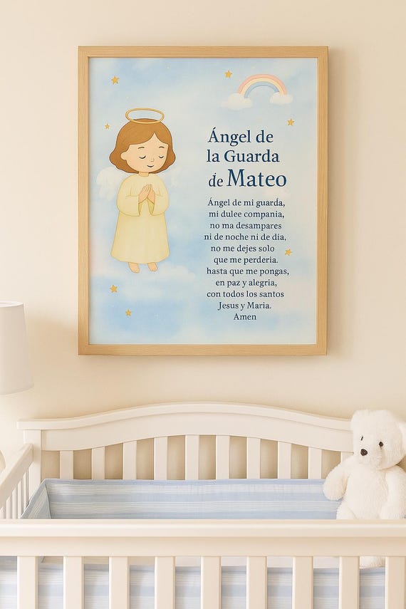 Ángel de la Guarda – Oración Infantil en Español – Arte Digital Printable – Decoración para Cuarto de Bebé – Personalizable)