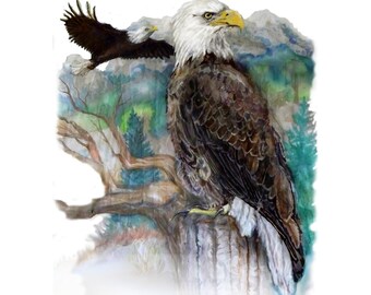 Impresión en acuarela de águila calva: Ilustración de fauna americana (impresión digital)