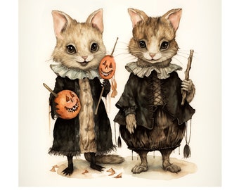 Halloween Masquerade Cats Printable PNG Dressed Up Kittens With Pumpkins Digital Illustration Cute Cat Halloween Card To Download 300 Dpi