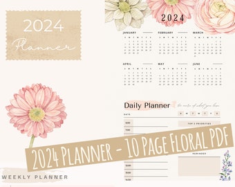 Floral 2024 Planner Printable Journal With 2024 Calendar Daily Weekly And Monthly Planning Pages Weekly Meal Planner PDF With PNGs Download