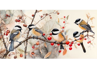 Chickadees On A Bough Of Berries Digital Illustration Bird Art Printable PNG Nature Wall Decor Printable Card Long Horizontal 300 Dpi Prints