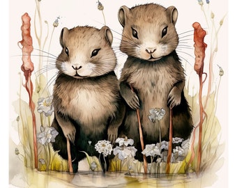 Beaver Couple Printable Cute Beavers At The Pond PNG Woodland Animals Wall Decor Digital Illustration Prints 12 x 12 Inches Art To Download