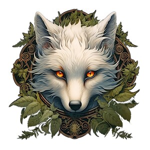 May include: A white wolf with orange eyes is framed by a decorative, leafy, gold-colored border.